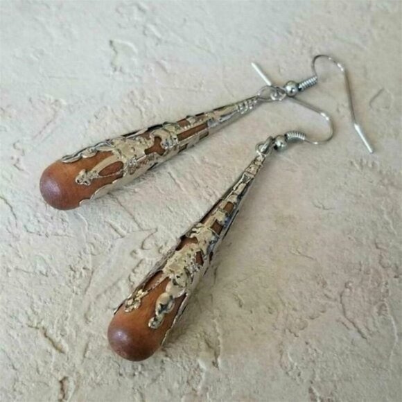 Victorian Filigree Brown Silver Wood Long Teardrop Shaped Handcrafted Earrings - Picture 1 of 8